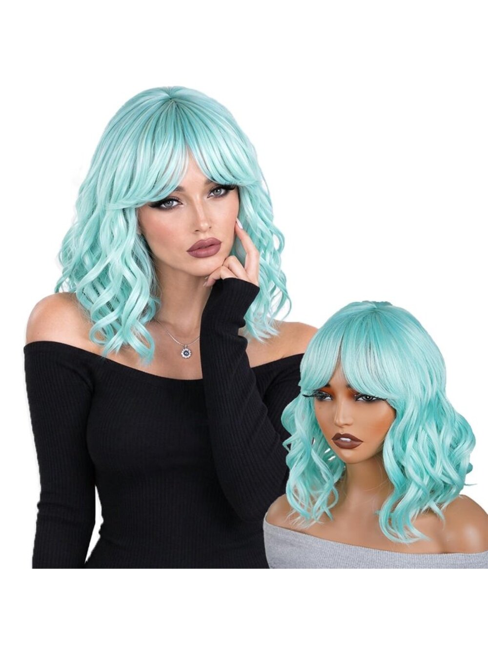 Women's GREEN Shoulder Ombre Bob Party Wig with Bangs Short Curly Synthetic